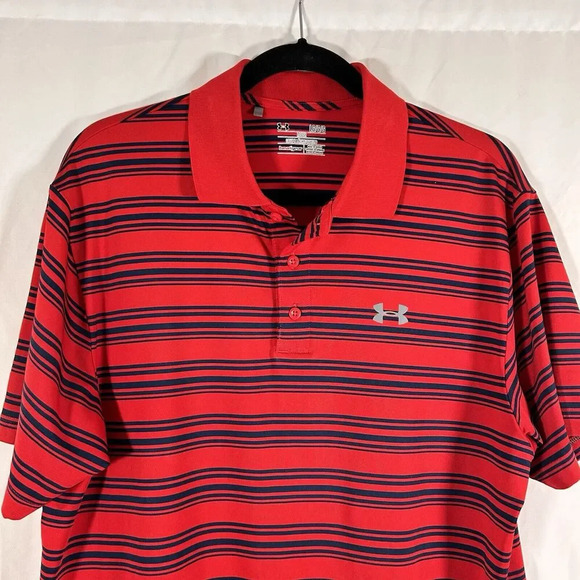 Under Armour Golf Polo Men's Large Red Striped Short Sleeve Collared Loose - Picture 2 of 9